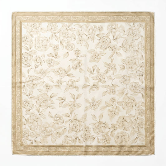 Pre-Owned Chanel ivory cream Camellia floral print silk scarf gold paisley border 99cm — Style Reissue Vancouver
