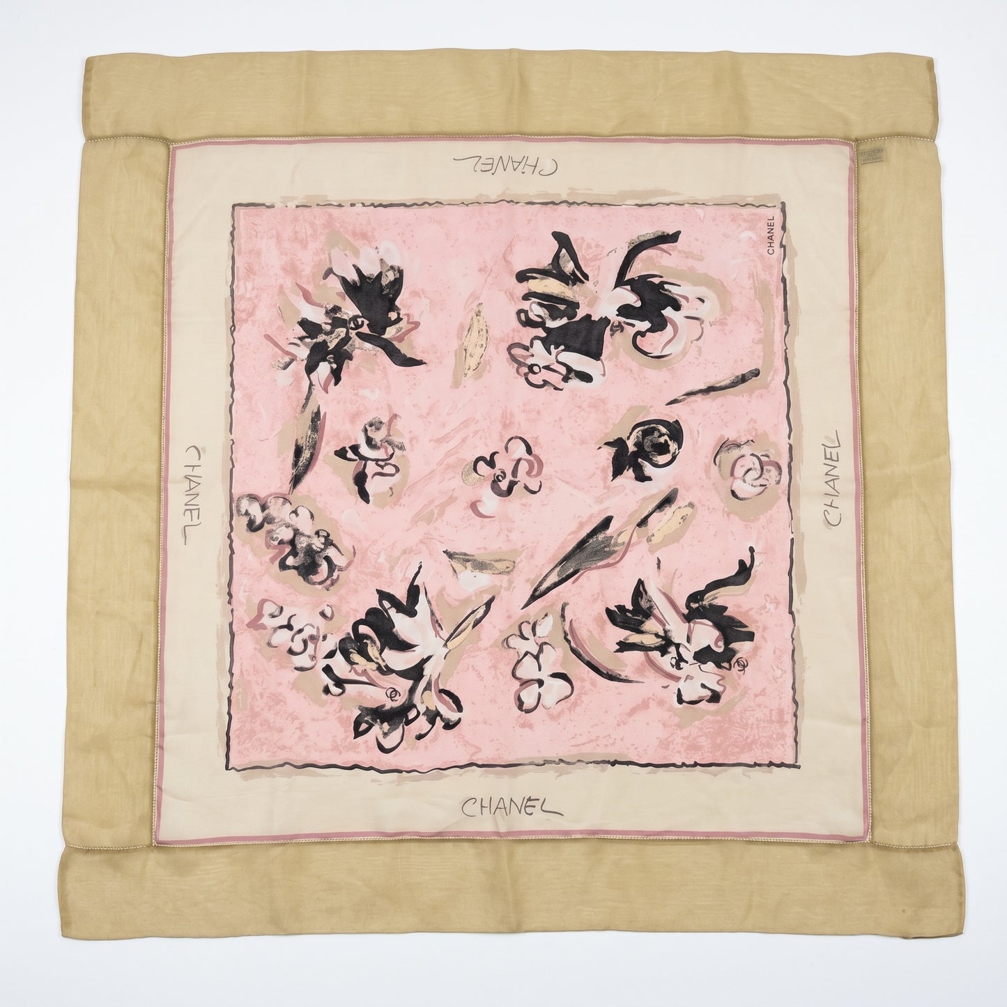 Pre-Owned Chanel pink blush watercolour abstract floral brushstroke print silk scarf tan border Chanel lettering — Style Reissue Vancouver