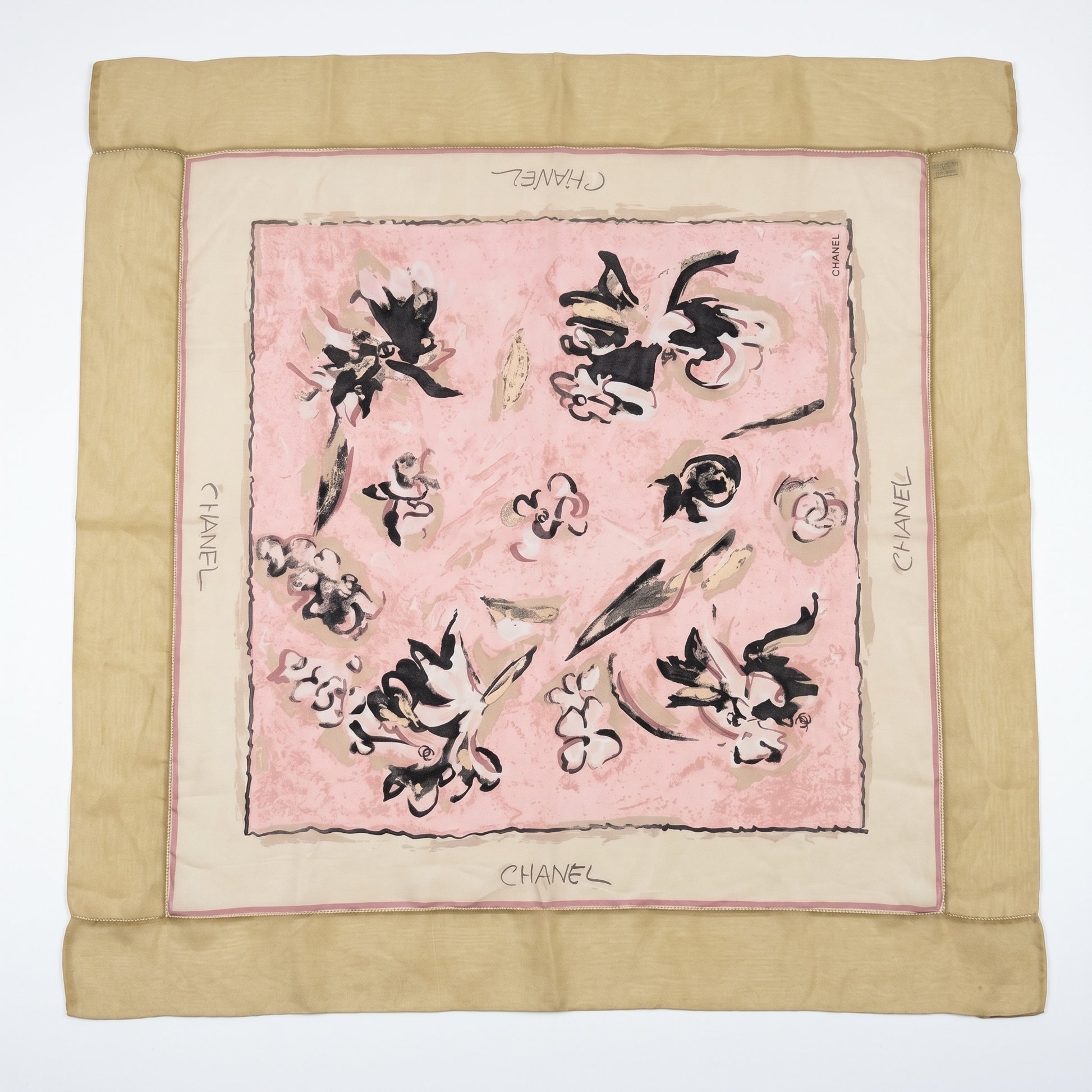 Pre-Owned Chanel pink blush watercolour abstract floral brushstroke print silk scarf tan border Chanel lettering — Style Reissue Vancouver