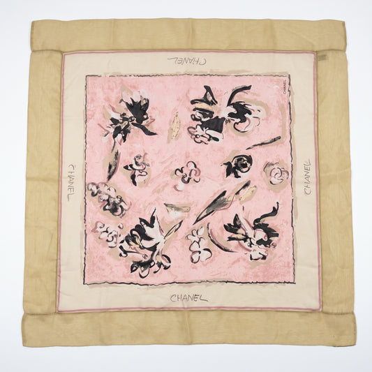 Pre-Owned Chanel pink blush watercolour abstract floral brushstroke print silk scarf tan border Chanel lettering — Style Reissue Vancouver