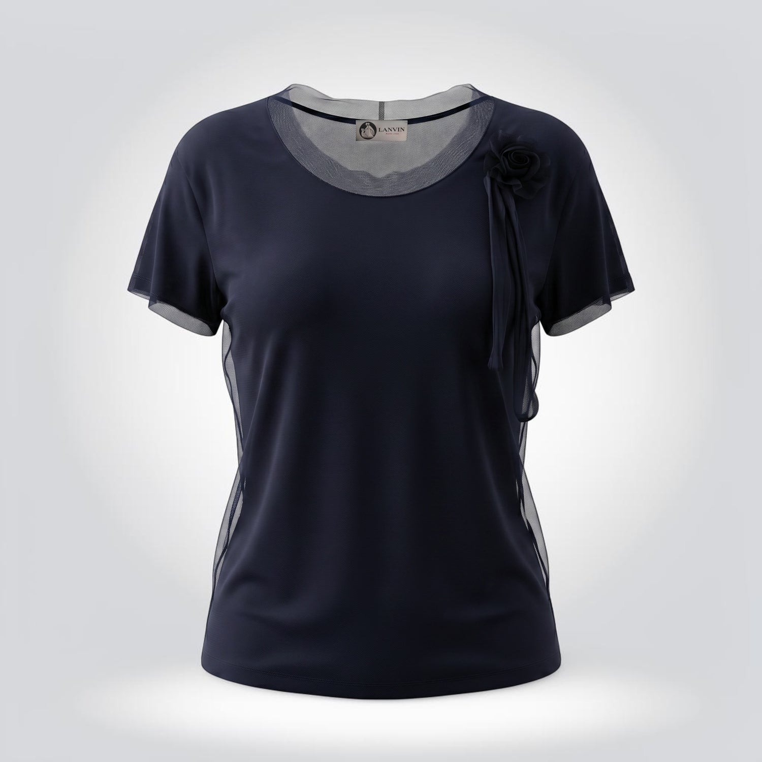 Pre-Owned Lanvin Paris navy mesh layered rosette short sleeve top — Style Reissue Vancouver