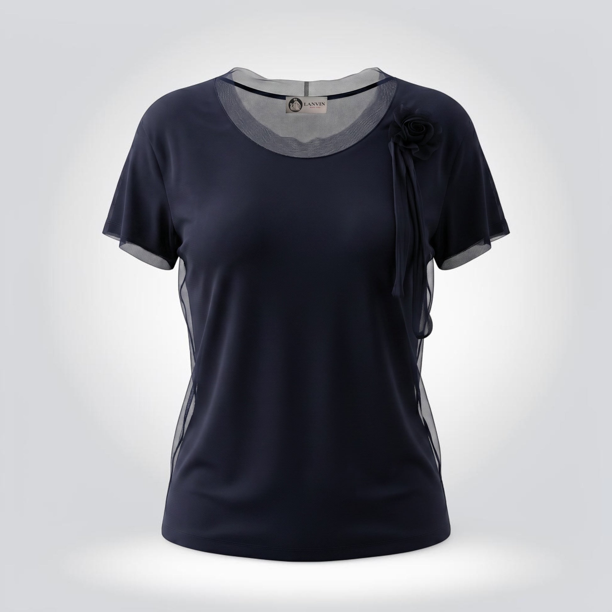 Pre-Owned Lanvin Paris navy mesh layered rosette short sleeve top — Style Reissue Vancouver