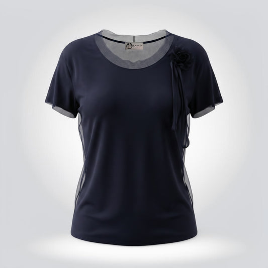 Pre-Owned Lanvin Paris navy mesh layered rosette short sleeve top — Style Reissue Vancouver