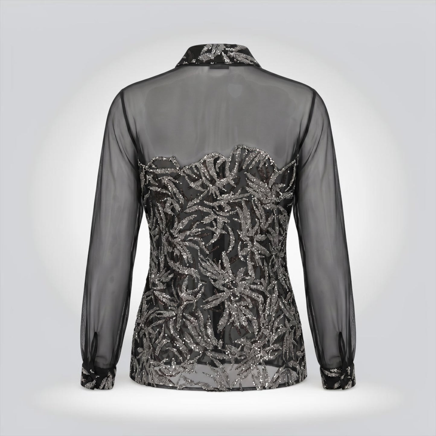 Pre-Owned Gianfranco Ferré Sheer Black Silver Metallic Botanical Embroidered Button Front Blouse — Size 42/US 8 — Pristine | Style Reissue Vancouver