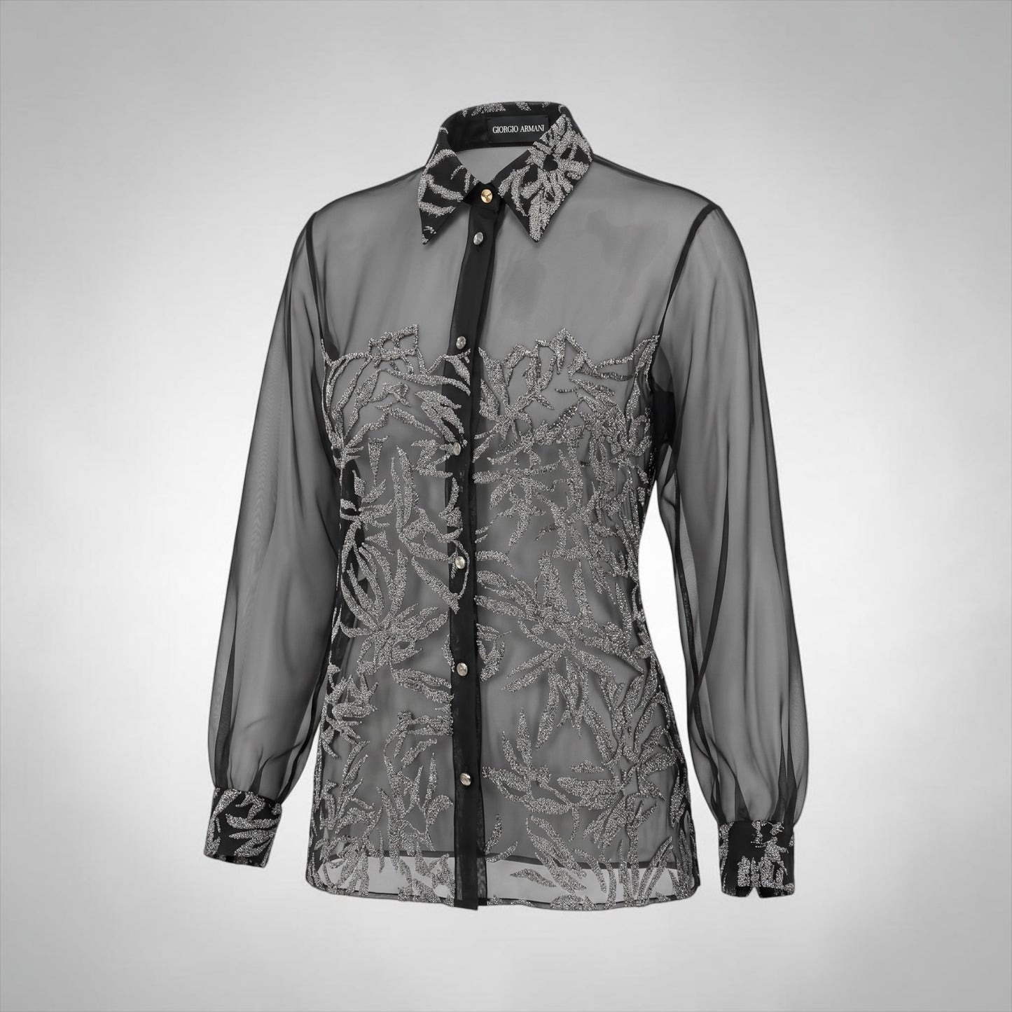 Pre-Owned Gianfranco Ferré sheer black silver metallic botanical embroidered button front blouse — Style Reissue Vancouver