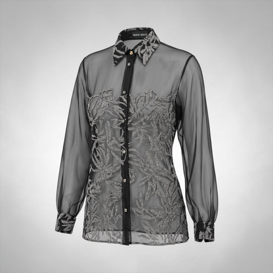 Pre-Owned Gianfranco Ferré sheer black silver metallic botanical embroidered button front blouse — Style Reissue Vancouver