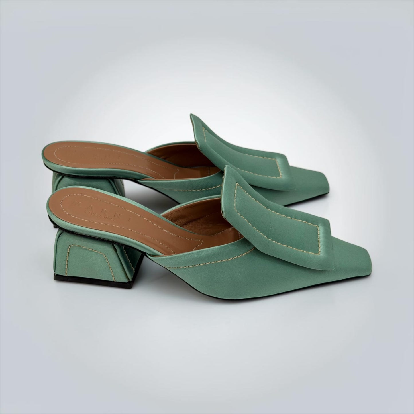 Pre-Owned Marni Sage Green Satin Square-Toe Mules — Size 39 — Pristine | Style Reissue Vancouver