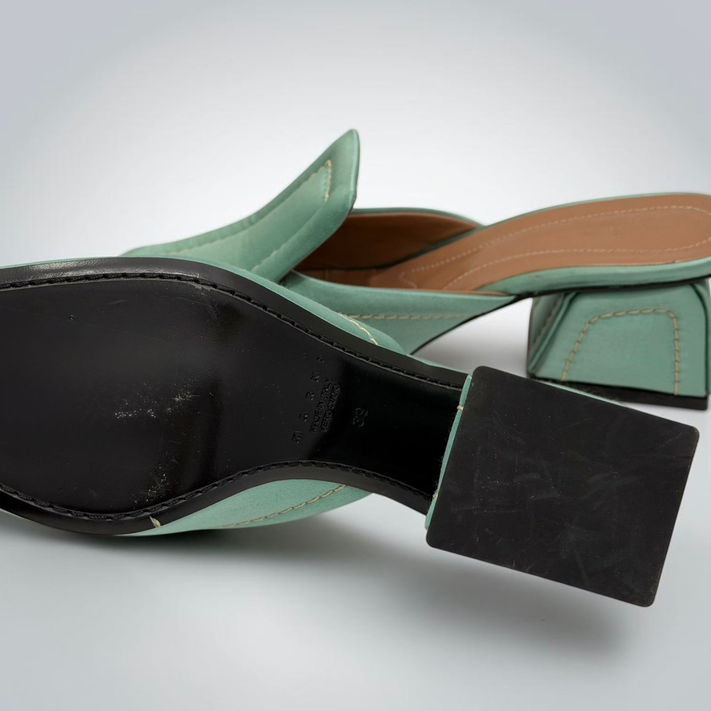 Pre-Owned Marni Sage Green Satin Square-Toe Mules — Size 39 — Pristine | Style Reissue Vancouver