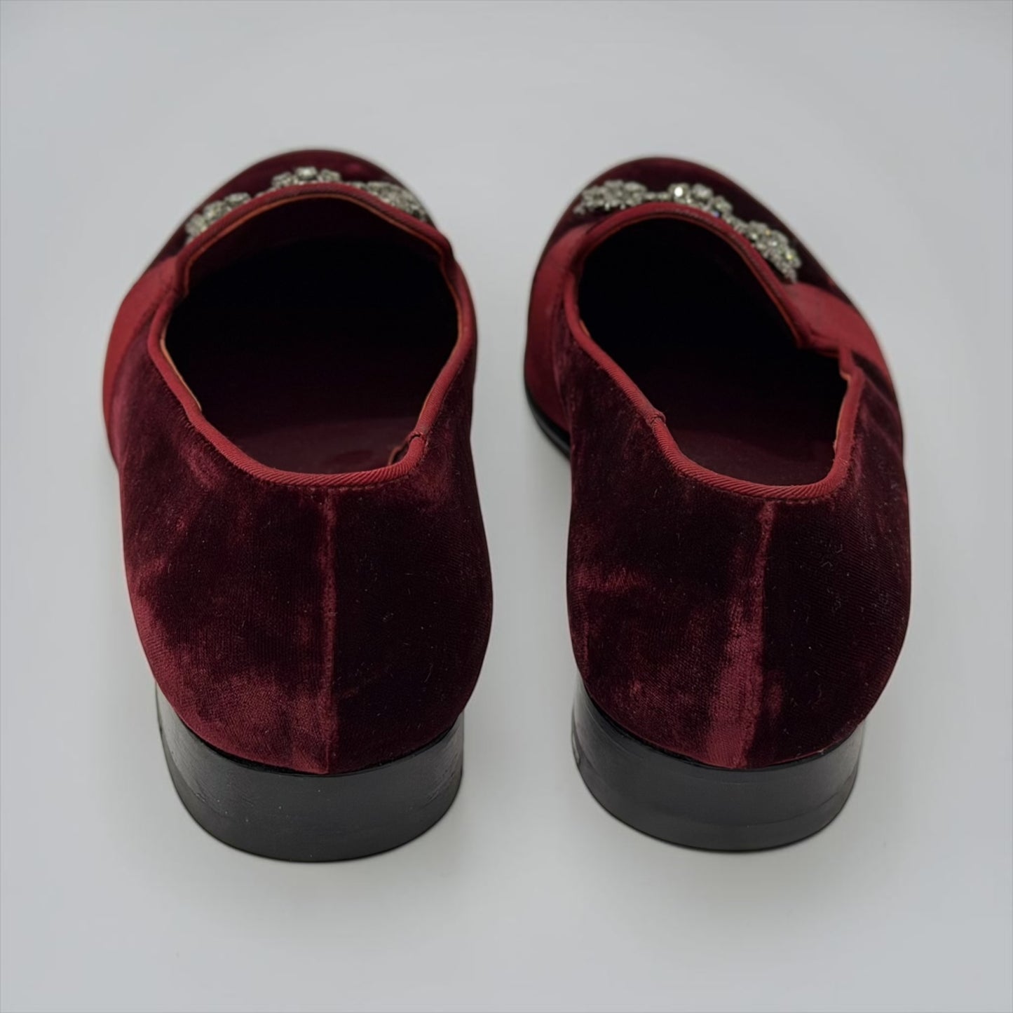 Pre-Owned Manolo Blahnik Hangisi Burgundy Velvet Crystal Buckle Flats — Size 9 — Excellent | Style Reissue Vancouver