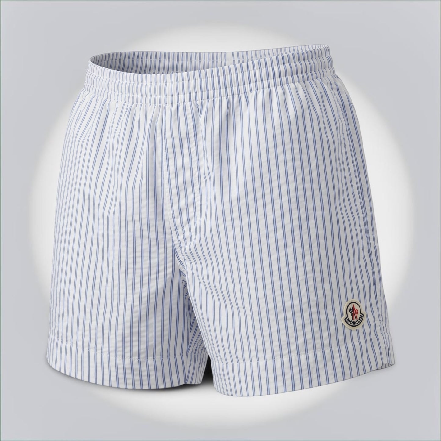 Pre-Owned Moncler white blue striped tracksuit shorts logo patch size M 100% polyamide made in Romania — Style Reissue Vancouver