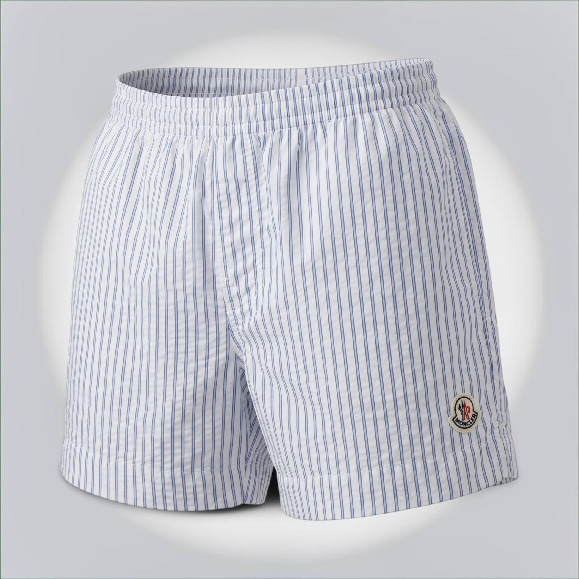 Pre-Owned Moncler white blue striped tracksuit shorts logo patch size M 100% polyamide made in Romania — Style Reissue Vancouver