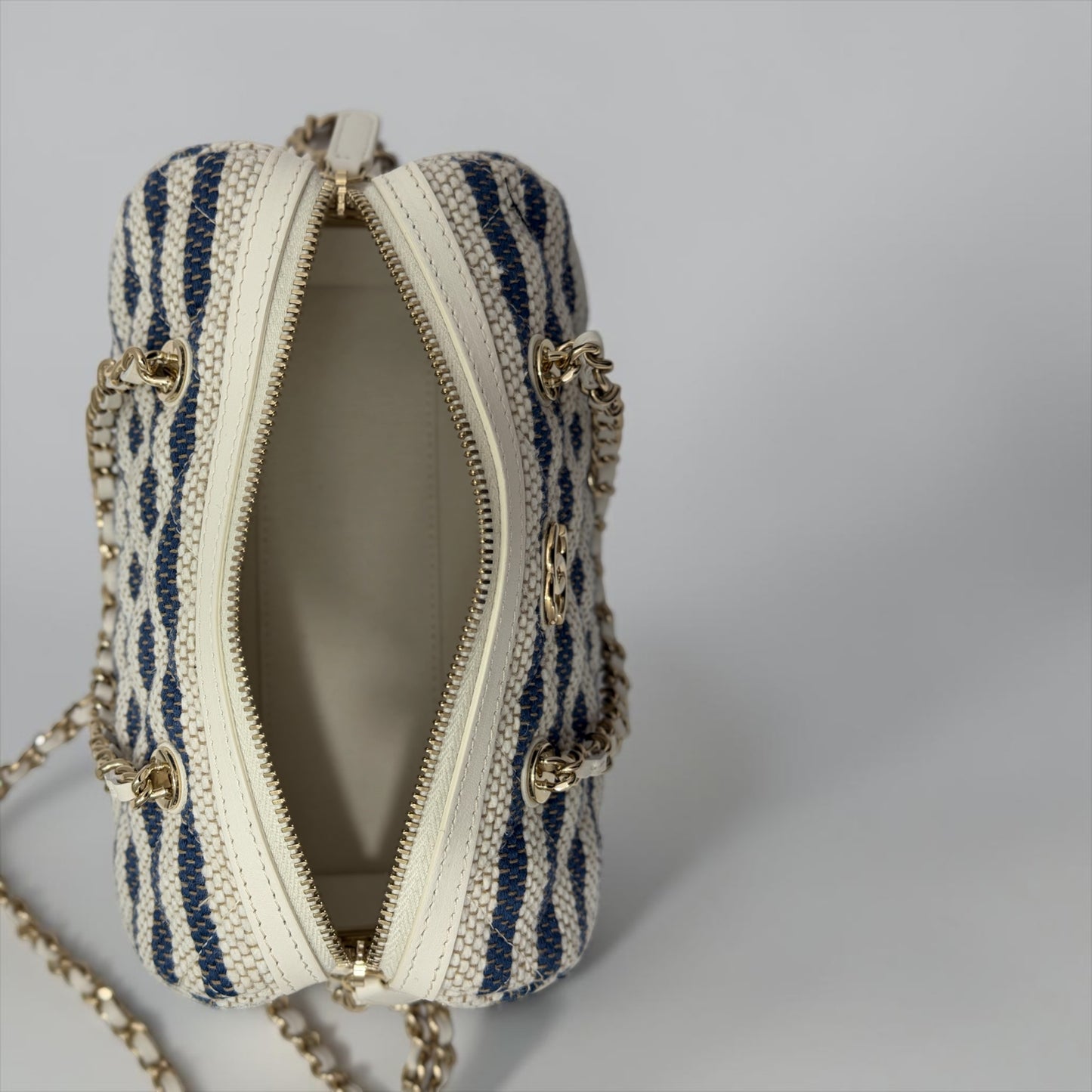 Pre-Owned Chanel Mini Timeless Classic Barrel Bag Blue Beige Stripe Light Gold Hardware — Pristine | Style Reissue Vancouver
