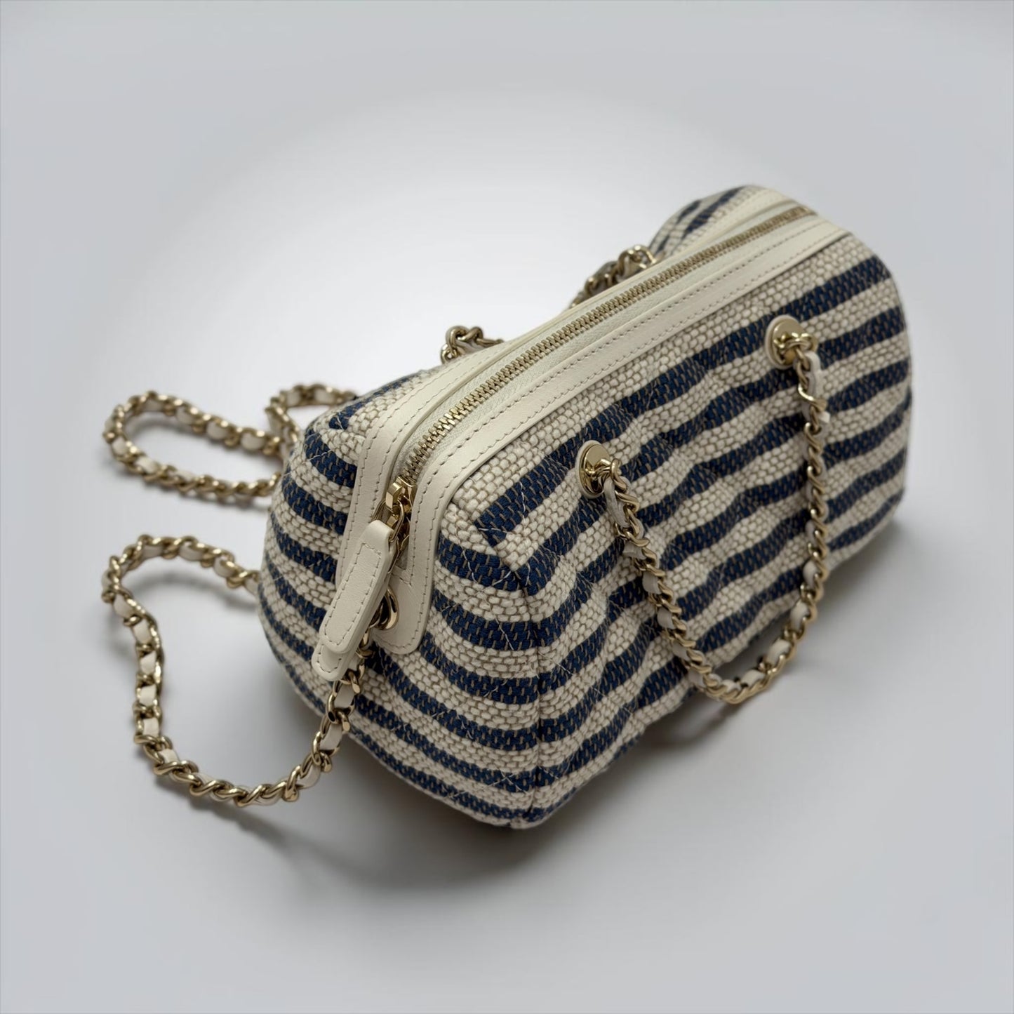 Pre-Owned Chanel Mini Timeless Classic Barrel Bag Blue Beige Stripe Light Gold Hardware — Pristine | Style Reissue Vancouver