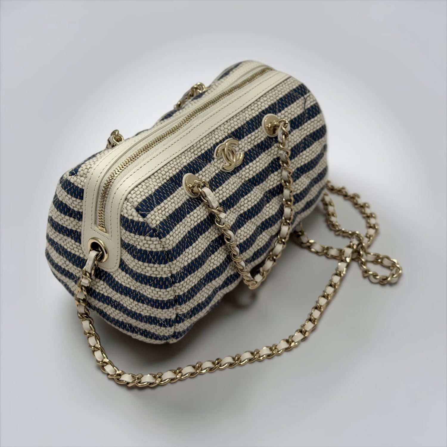 Pre-Owned Chanel Mini Timeless Classic Barrel Bag blue beige striped woven CC logo light gold hardware chain straps made in Italy — Style Reissue Vancouver