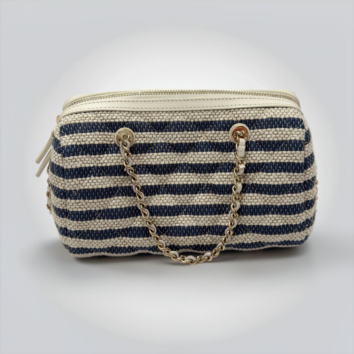 Pre-Owned Chanel Mini Timeless Classic Barrel Bag Blue Beige Stripe Light Gold Hardware — Pristine | Style Reissue Vancouver