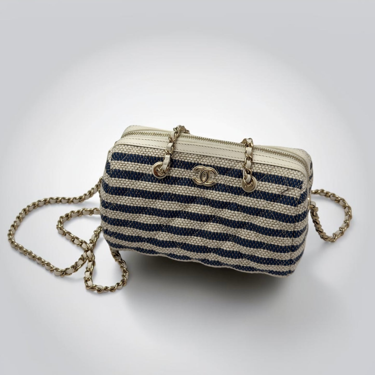Pre-Owned Chanel Mini Timeless Classic Barrel Bag Blue Beige Stripe Light Gold Hardware — Pristine | Style Reissue Vancouver