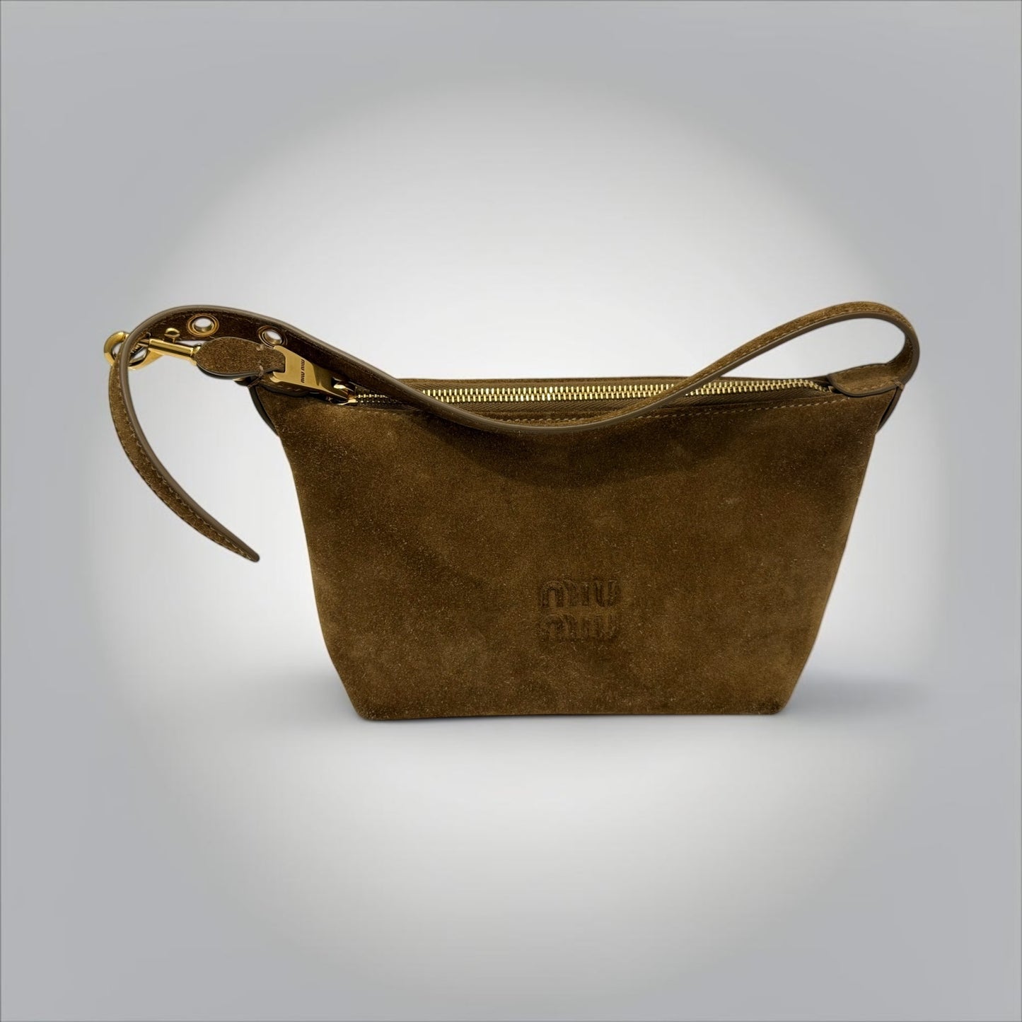 Pre-Owned Miu Miu brown suede small shoulder bag embossed logo gold hardware grommet buckle strap made in Italy — Style Reissue Vancouver