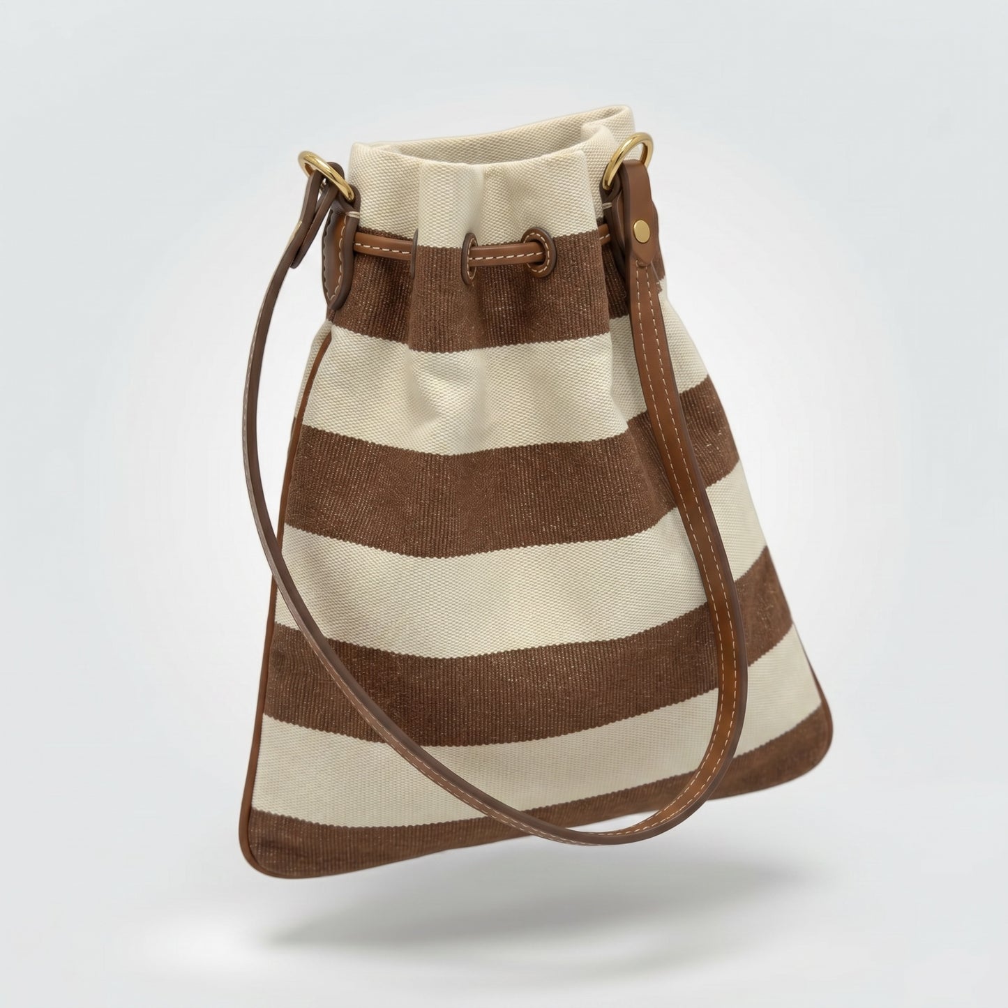 Pre-Owned Miu Miu Brown Cream Striped Canvas Bucket Bag Leather Logo Drawstring — Very Good | Style Reissue Vancouver