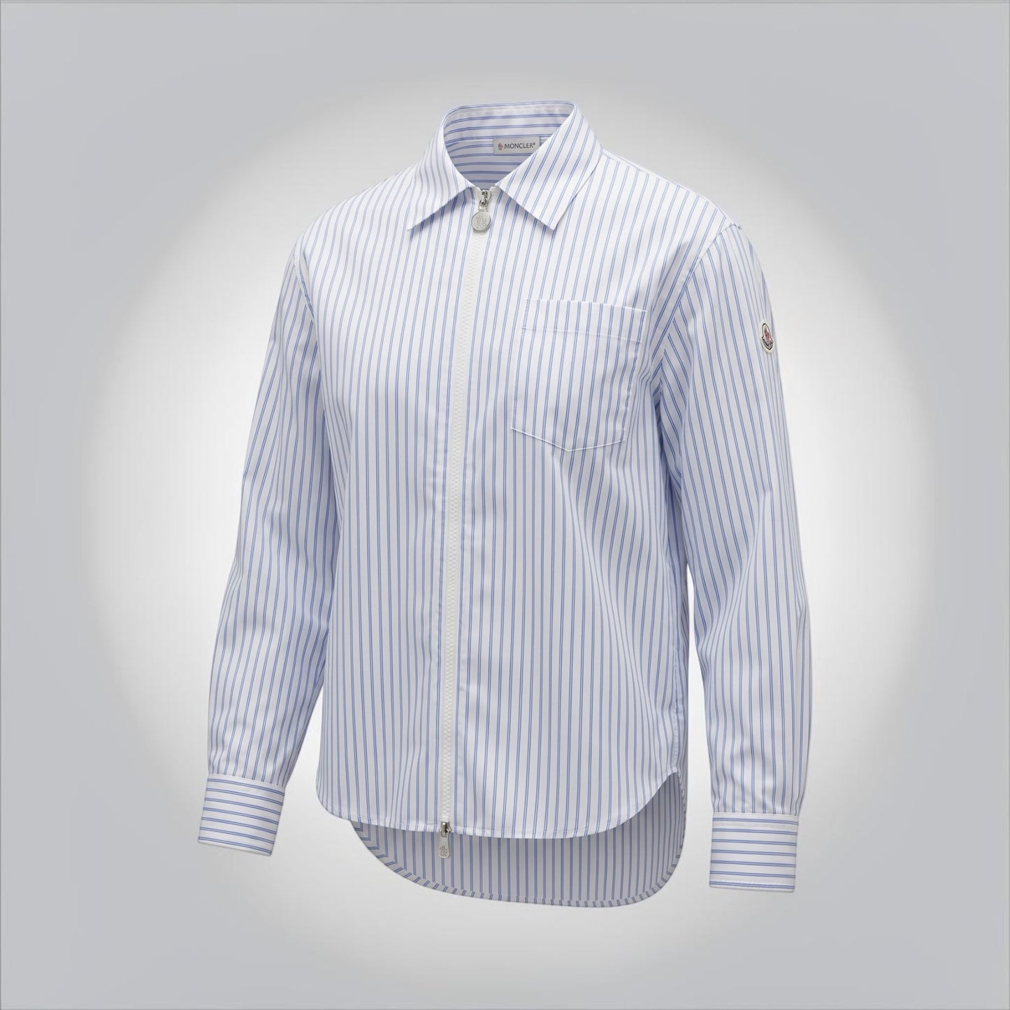 Pre-Owned Moncler white blue striped zip up shirt tricolor felted logo patch size M 100% polyamide made in Romania — Style Reissue Vancouver