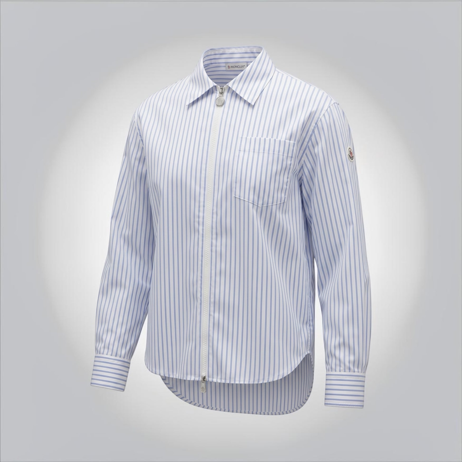 Pre-Owned Moncler white blue striped zip up shirt tricolor felted logo patch size M 100% polyamide made in Romania — Style Reissue Vancouver