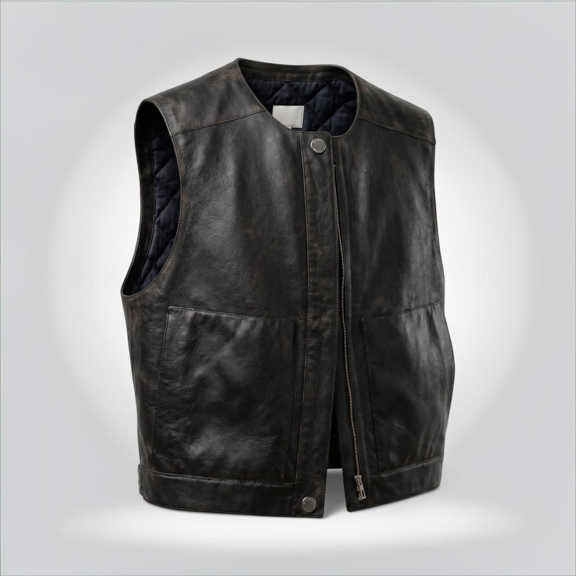 Pre-Owned Hermès black distressed goatskin leather vest zip snap front quilted lining size 38 — Style Reissue Vancouver