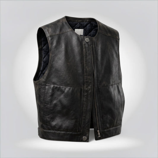 Pre-Owned Hermès black distressed goatskin leather vest zip snap front quilted lining size 38 — Style Reissue Vancouver