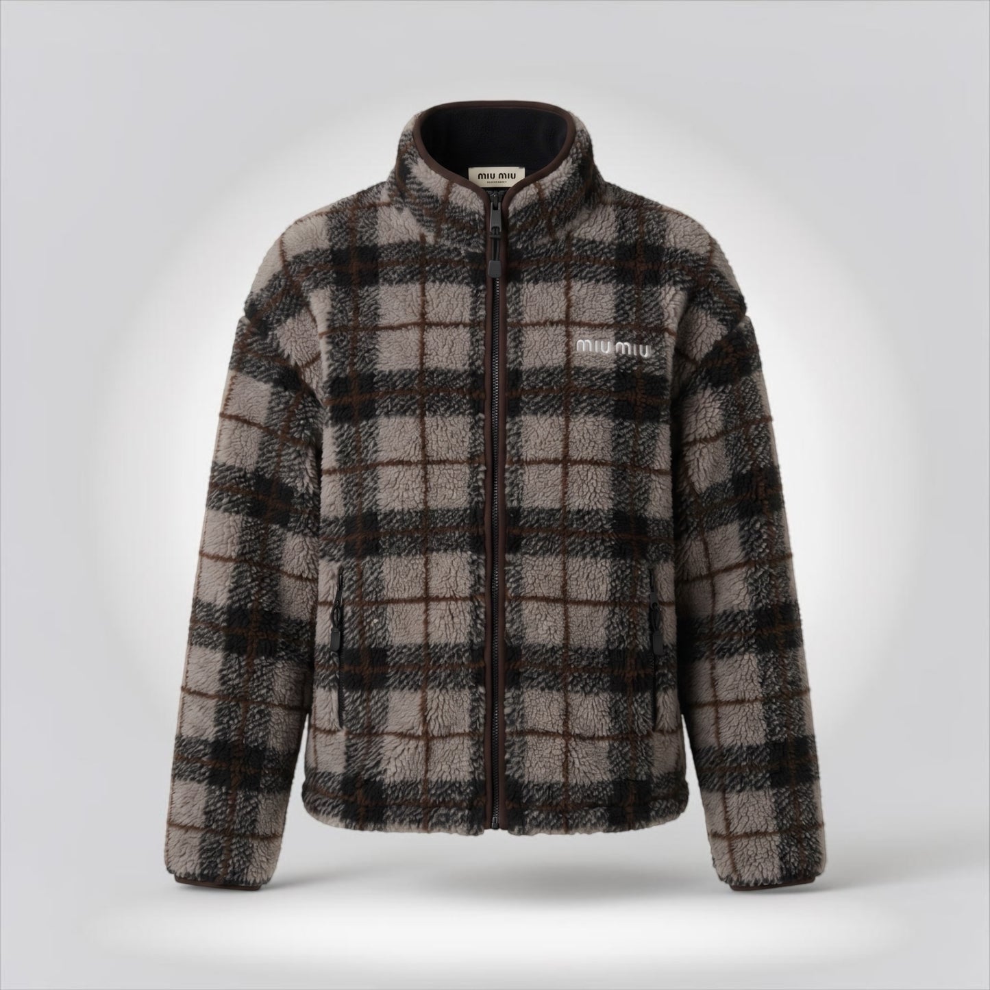Pre-Owned Miu Miu checked teddy fleece zip jacket brown grey black plaid embroidered logo size S made in Italy — Style Reissue Vancouver