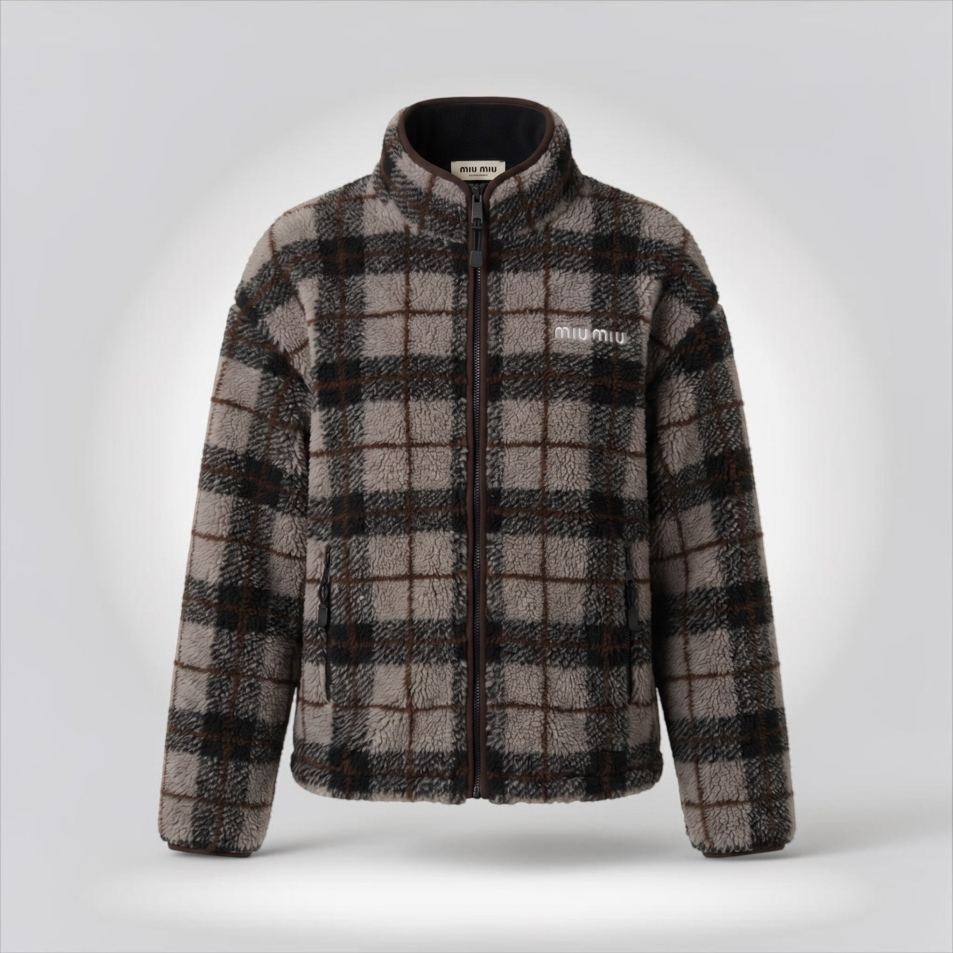 Pre-Owned Miu Miu checked teddy fleece zip jacket brown grey black plaid embroidered logo size S made in Italy — Style Reissue Vancouver