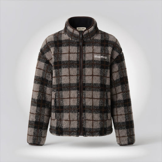 Pre-Owned Miu Miu checked teddy fleece zip jacket brown grey black plaid embroidered logo size S made in Italy — Style Reissue Vancouver