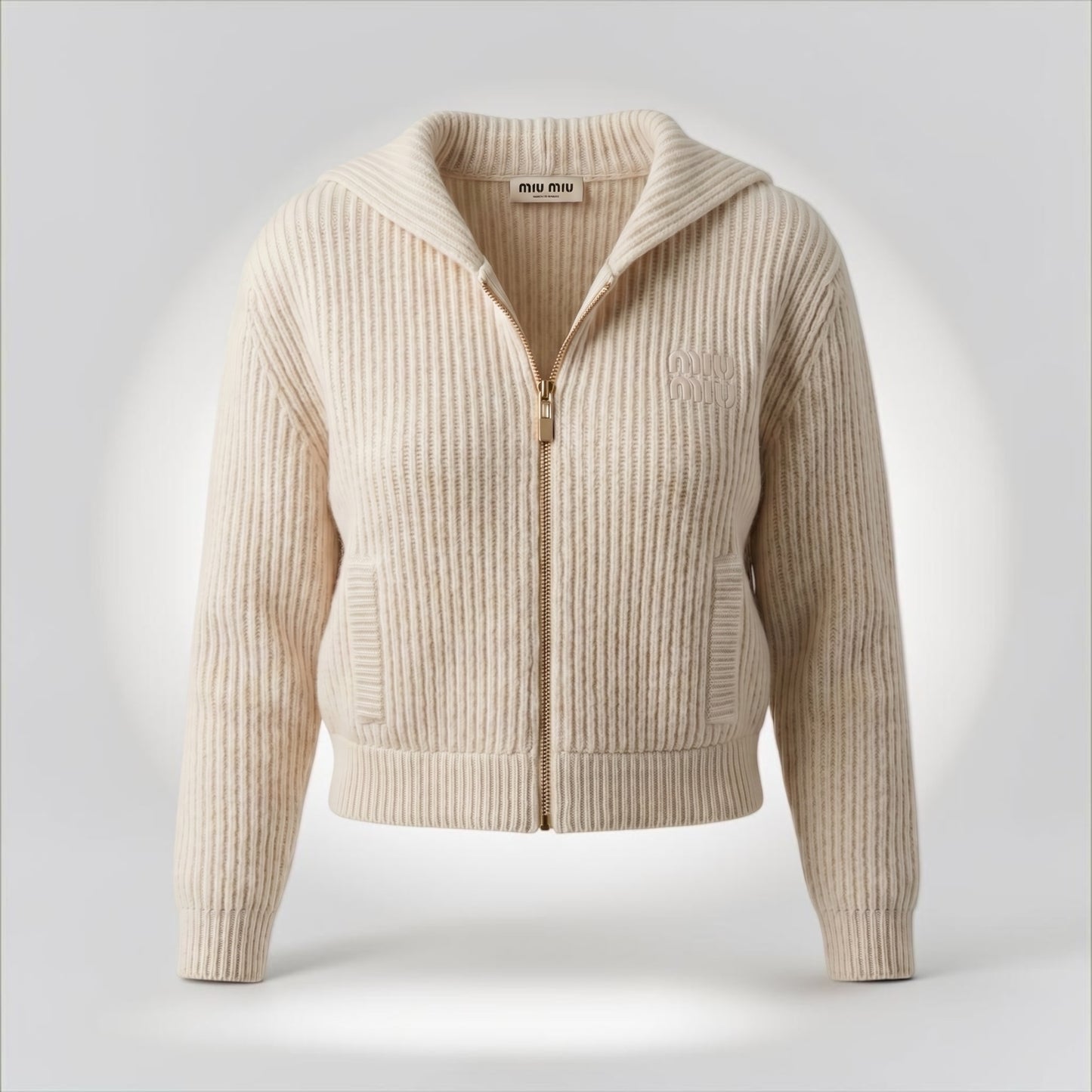 Pre-Owned Miu Miu ivory ribbed knit zip cardigan wool cashmere tonal logo gold zip size 42 made in Italy — Style Reissue Vancouver
