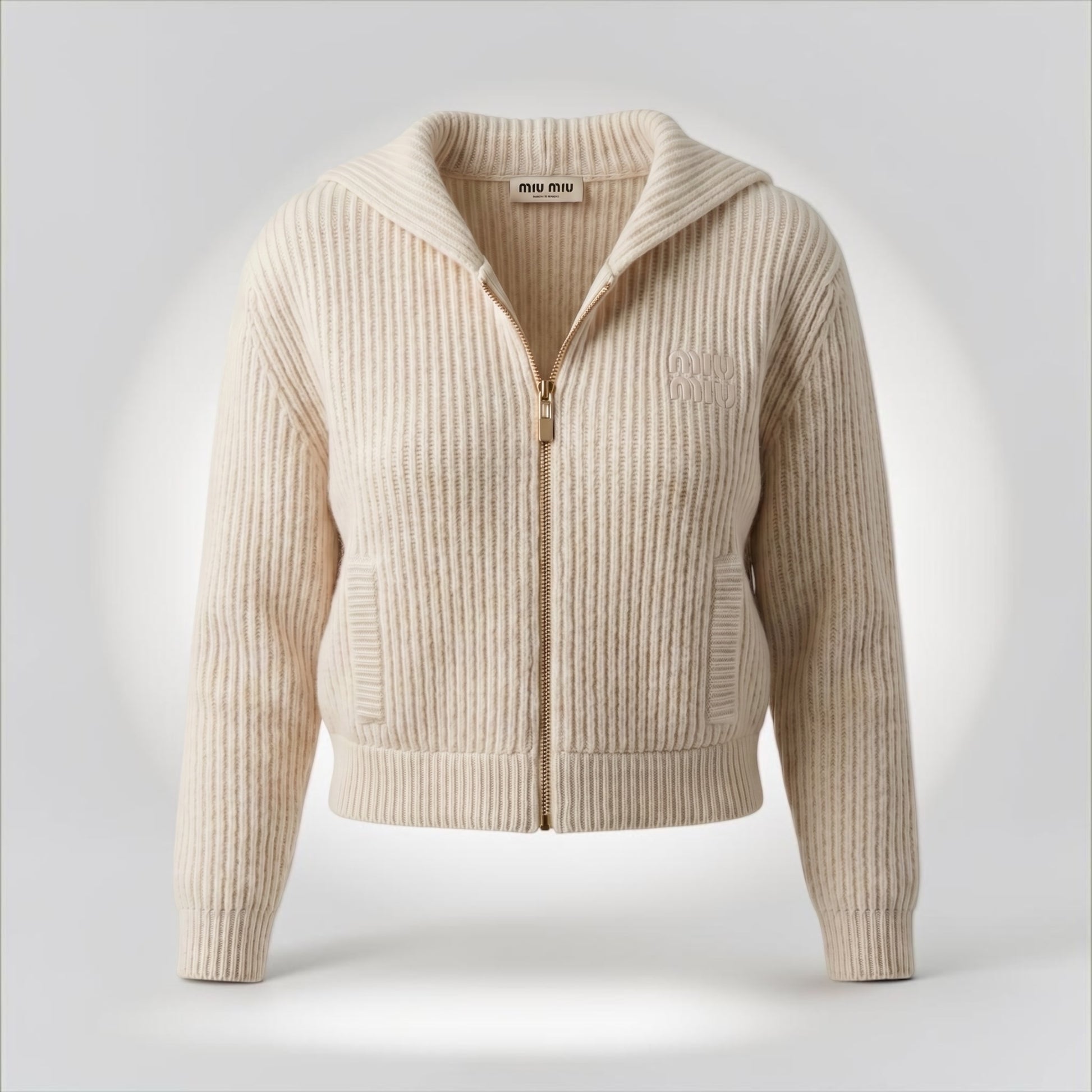 Pre-Owned Miu Miu ivory ribbed knit zip cardigan wool cashmere tonal logo gold zip size 42 made in Italy — Style Reissue Vancouver