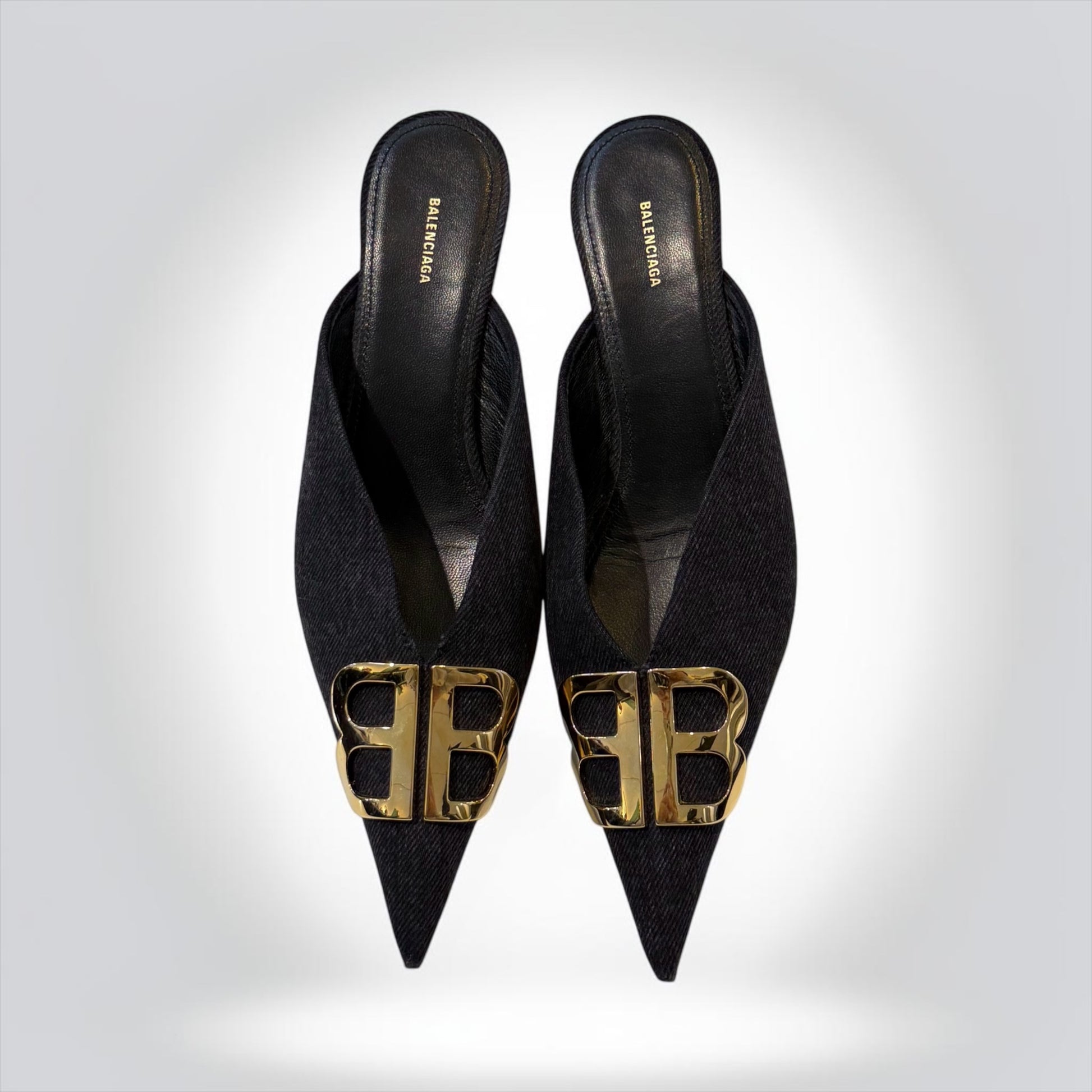 Pre-Owned Balenciaga BB Denim Pointed-Toe Mule Heels Black Gold Hardware Size 38
