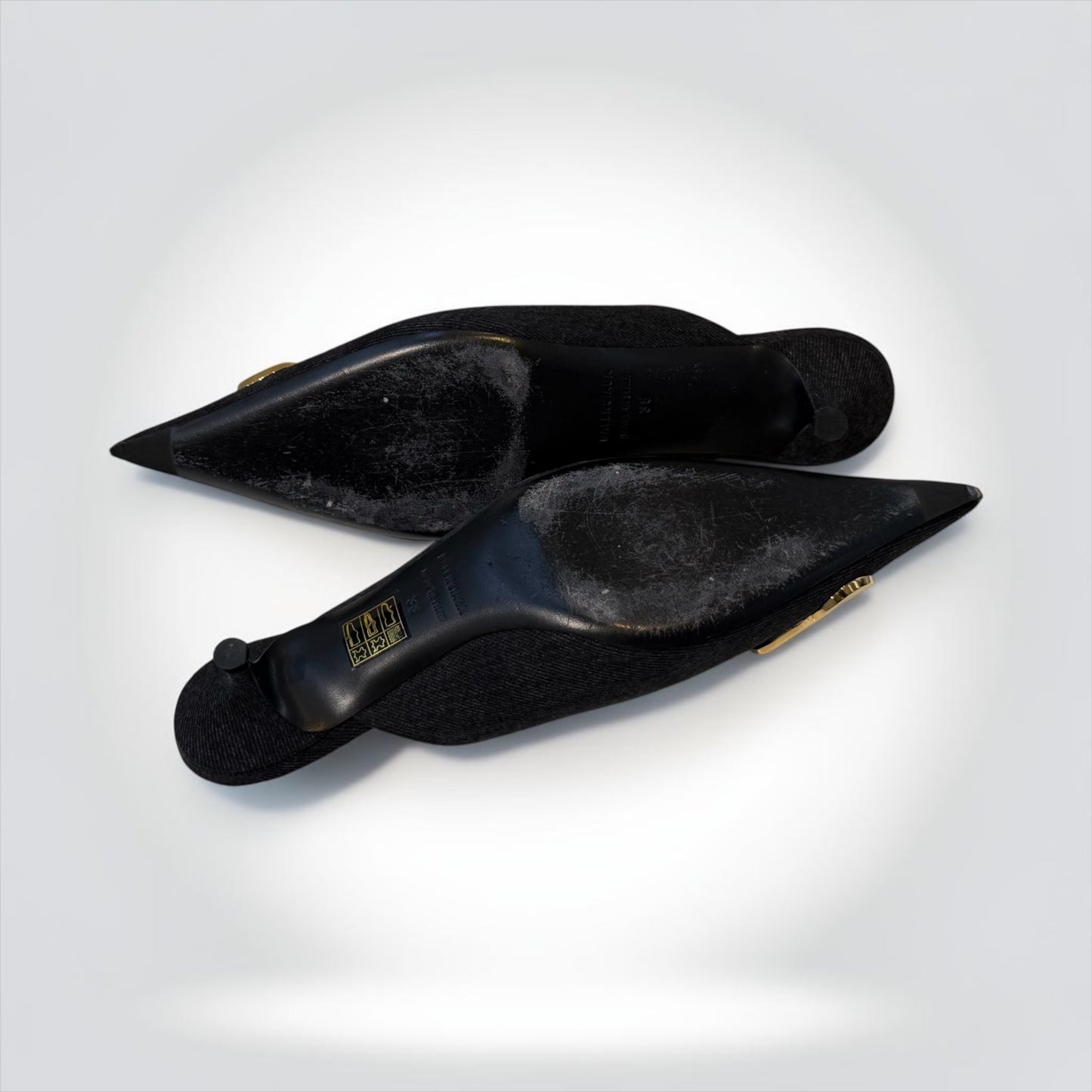 Pre-Owned Balenciaga BB Denim Pointed-Toe Mule Heels Black Gold BB Logo — Very Good | Style Reissue Kerrisdale Vancouver