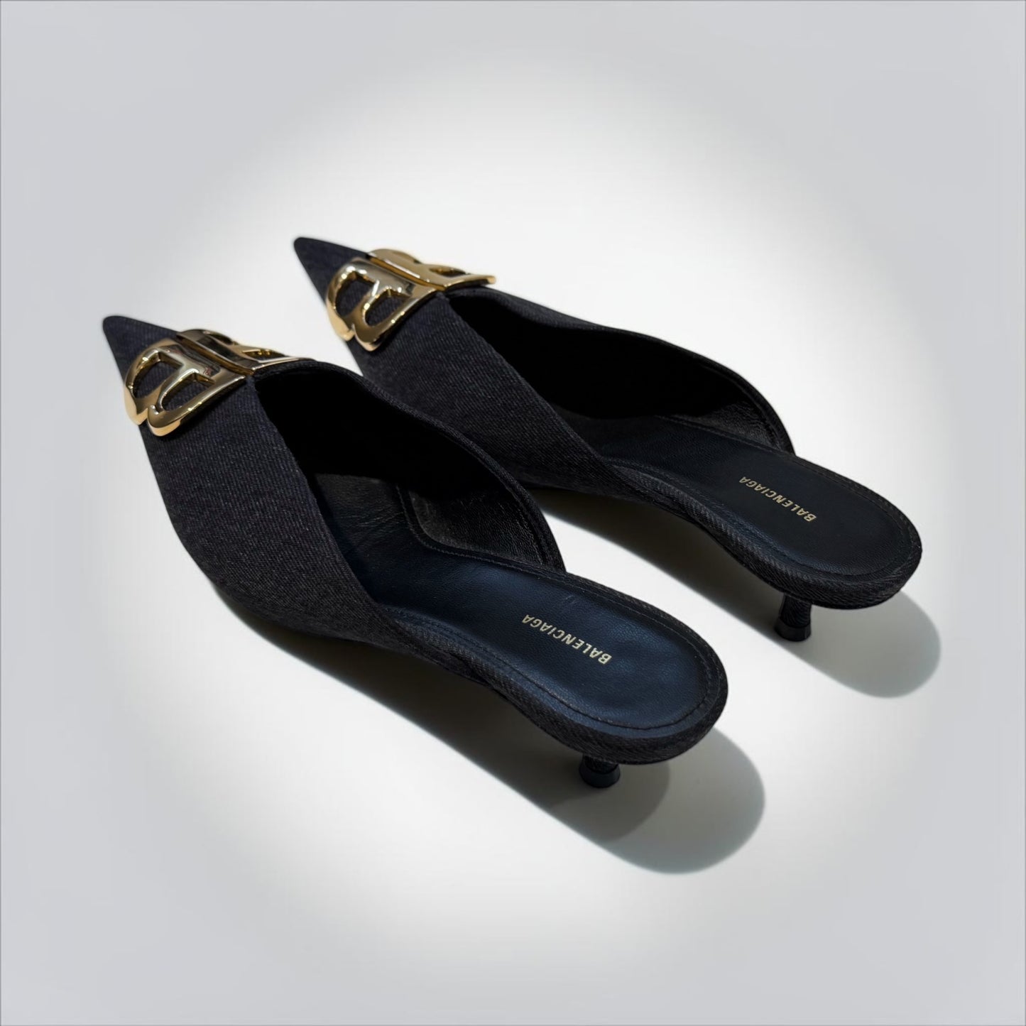 Pre-Owned Balenciaga BB Denim Pointed-Toe Mule Heels Black Gold BB Logo — Very Good | Style Reissue Kerrisdale Vancouver