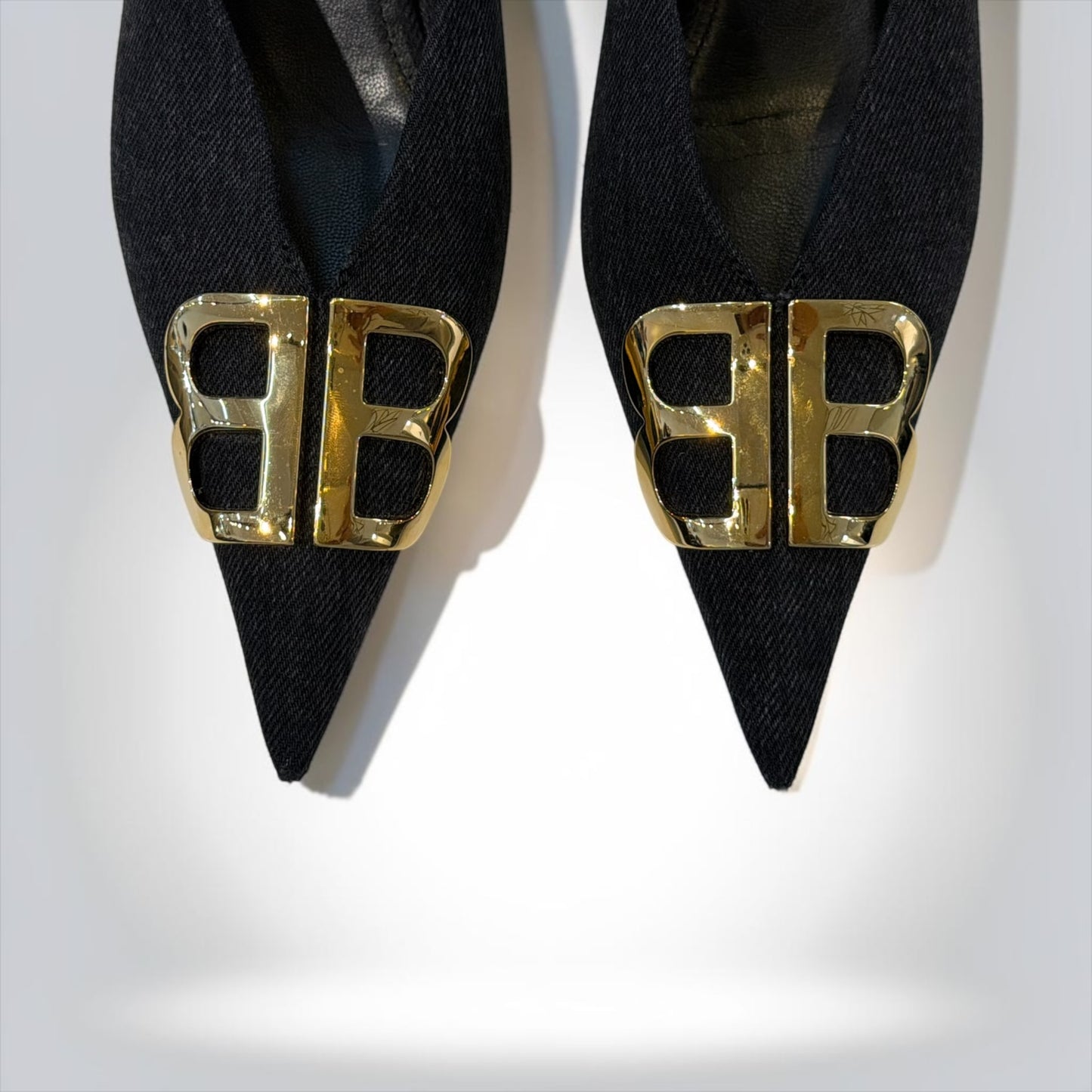 Pre-Owned Balenciaga BB Denim Pointed-Toe Mule Heels Black Gold BB Logo — Very Good | Style Reissue Kerrisdale Vancouver