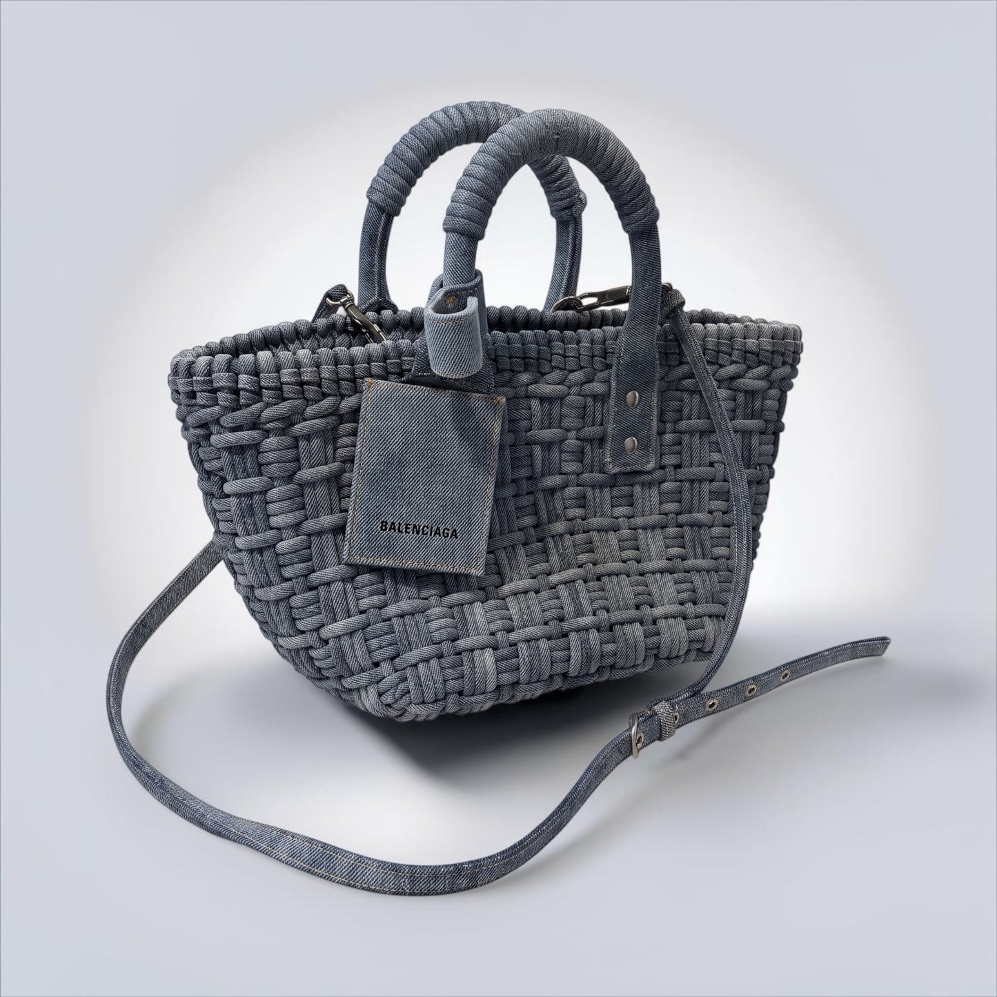 Pre-Owned Balenciaga Bistro XS Basket Bag Washed Frayed Denim Braided Silver Hardware — Style Reissue Vancouver
