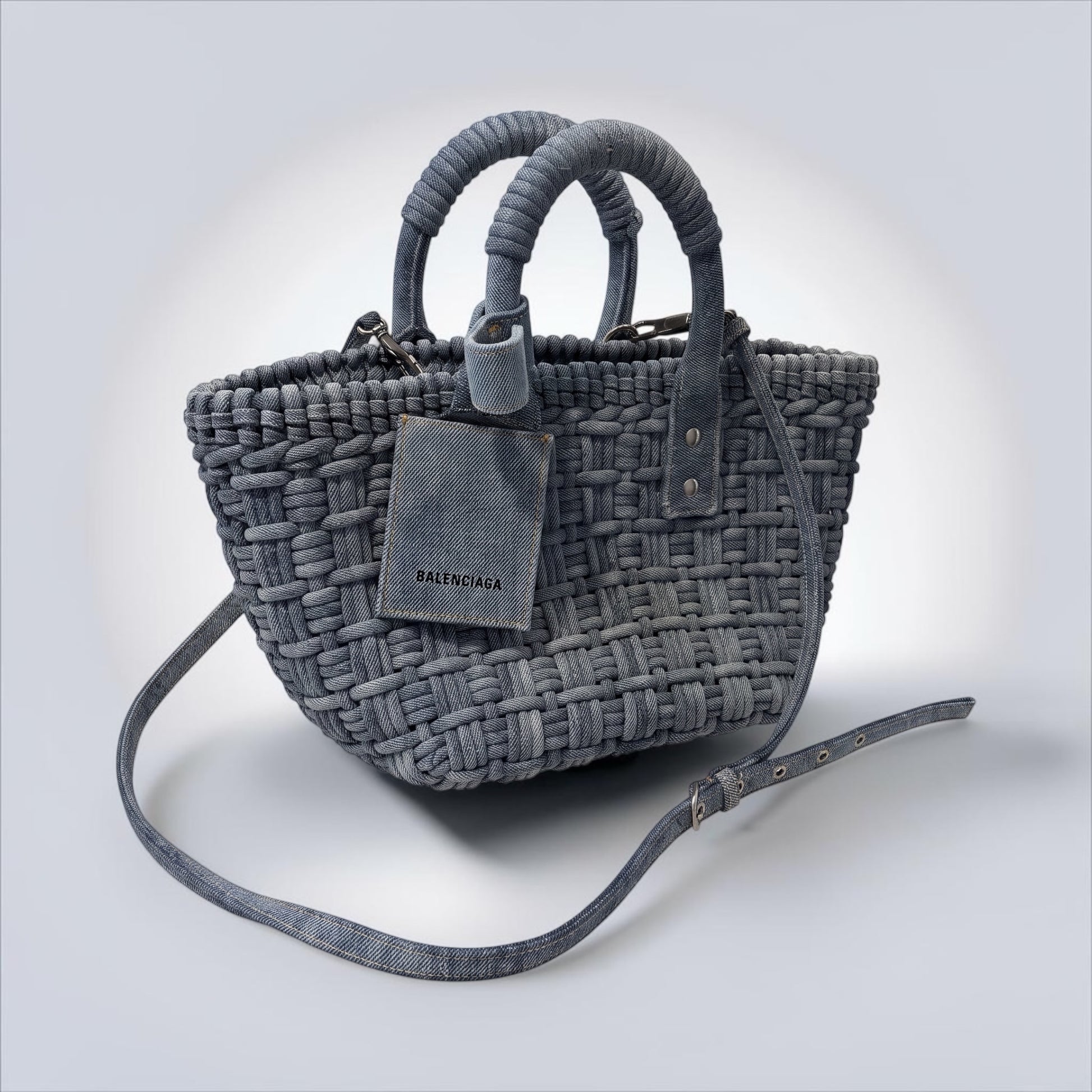 Pre-Owned Balenciaga Bistro XS Basket Bag Washed Frayed Denim Braided Silver Hardware — Style Reissue Vancouver
