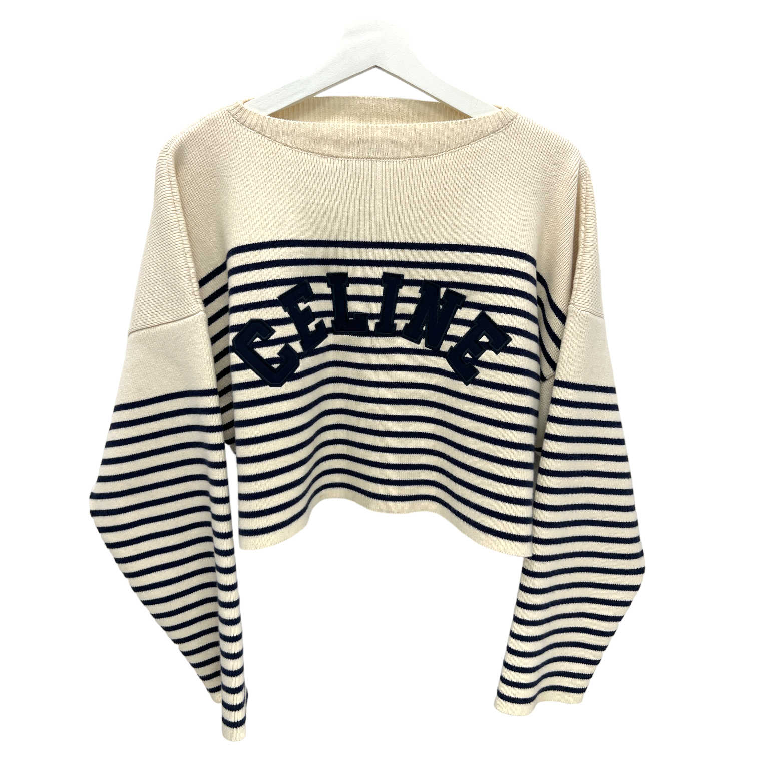 celine logo lettered cream navy striped sweater new condition front view