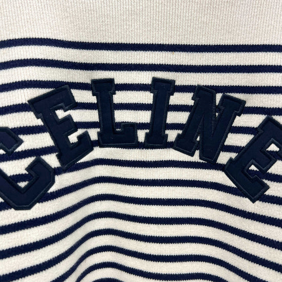 celine logo lettered cream navy striped sweater logo zoom