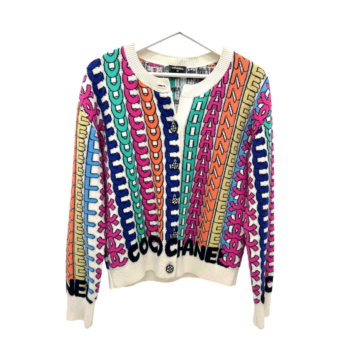 chanel coco multicolor letter pattern cardigan excellent condition front view