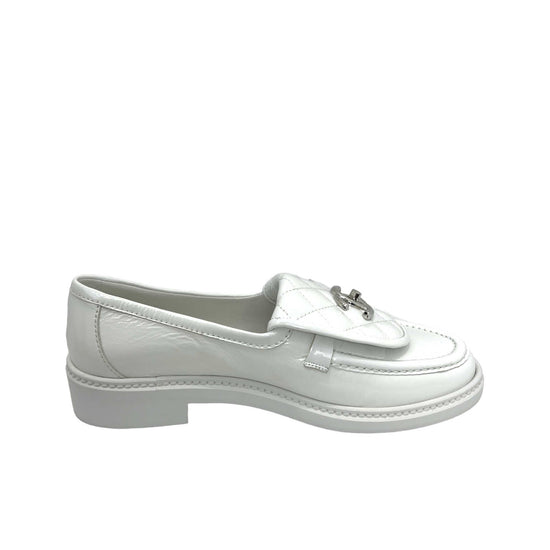 chanel CC white quilted loafers left inner side view