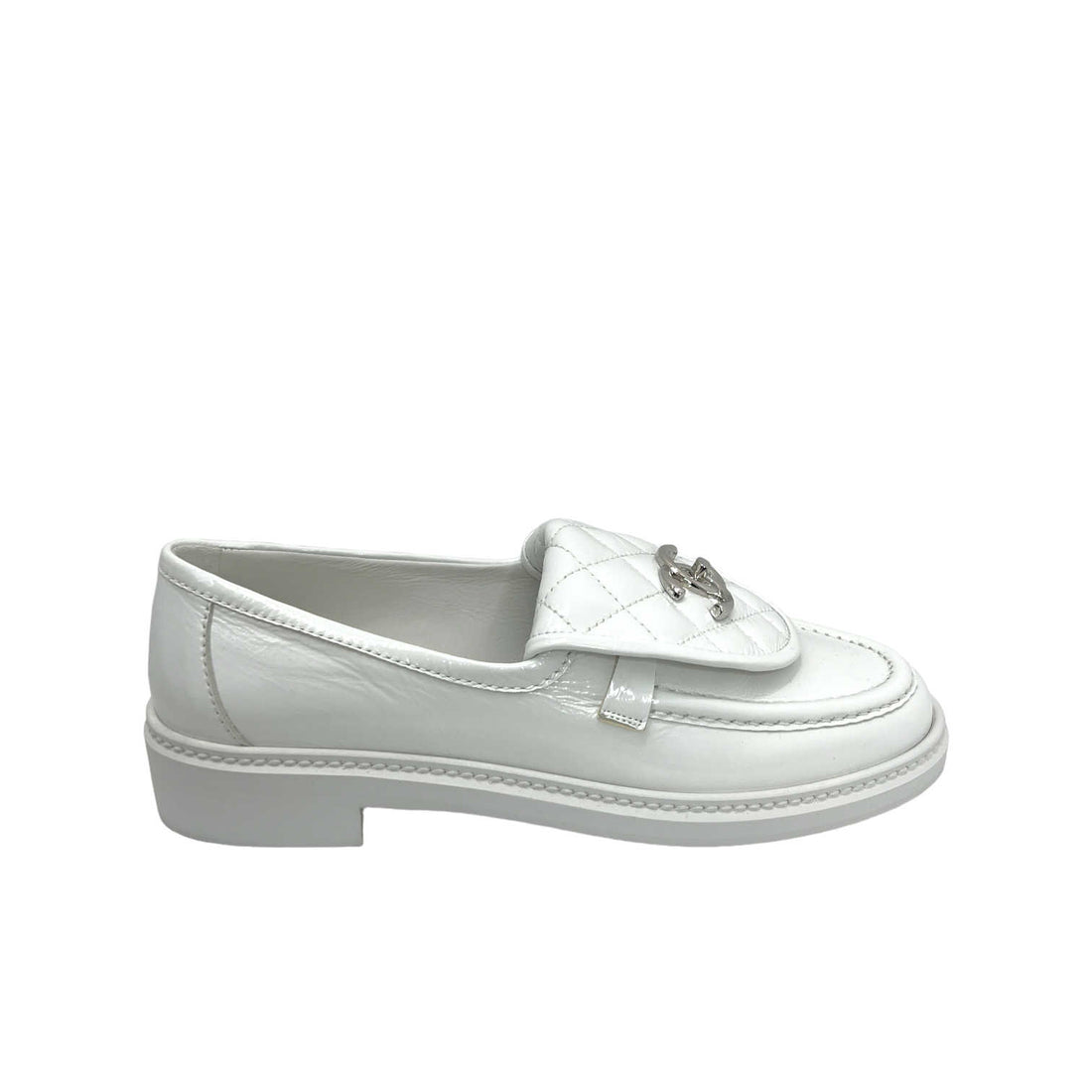 chanel CC white quilted loafers right outer side view