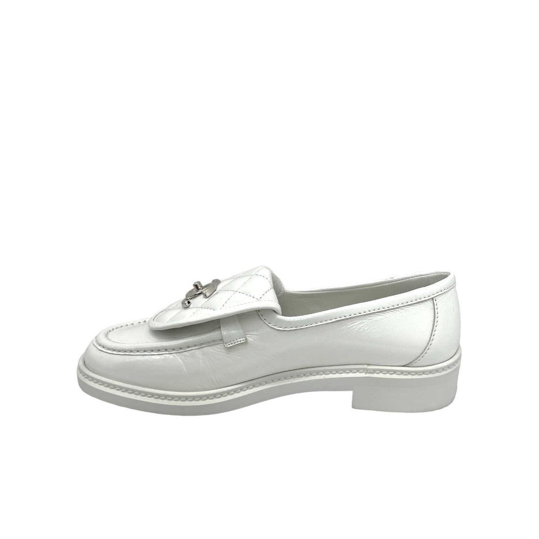 chanel CC white quilted loafers right inner side view