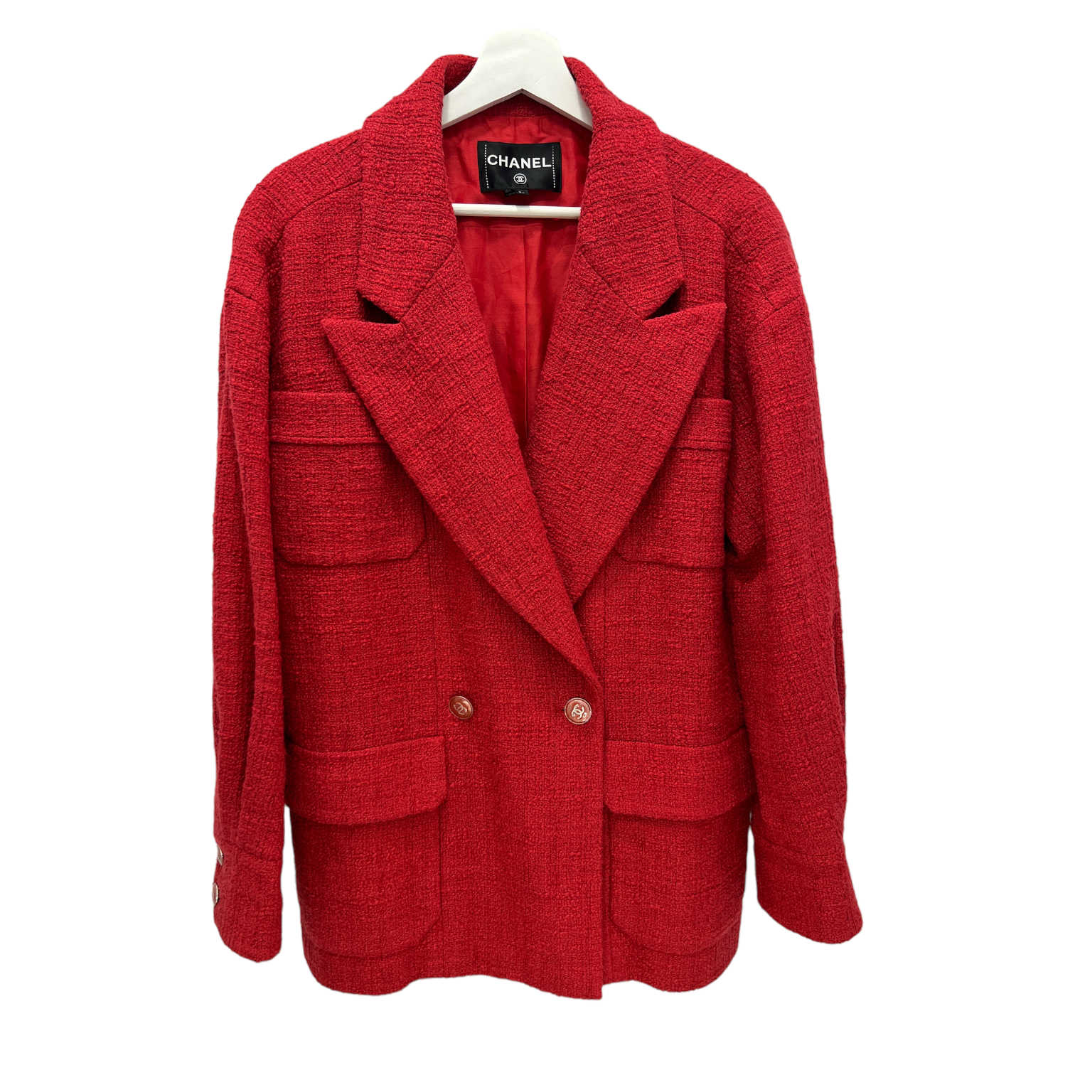 chanel red tweed four pocket blazer new condition front view