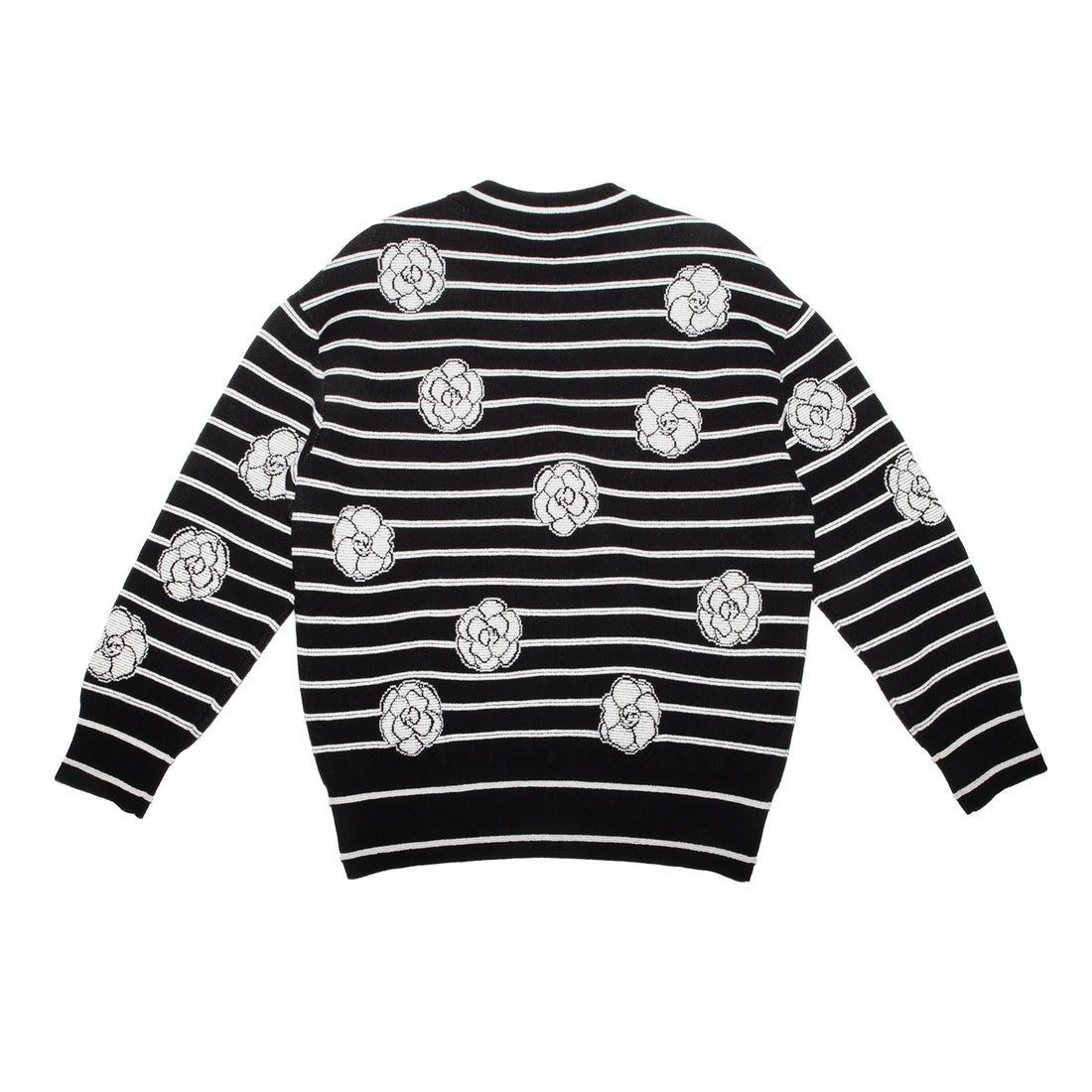 Authentic Chanel Camellia Striped Knit Crewneck Sweater – Black & White, Size 38