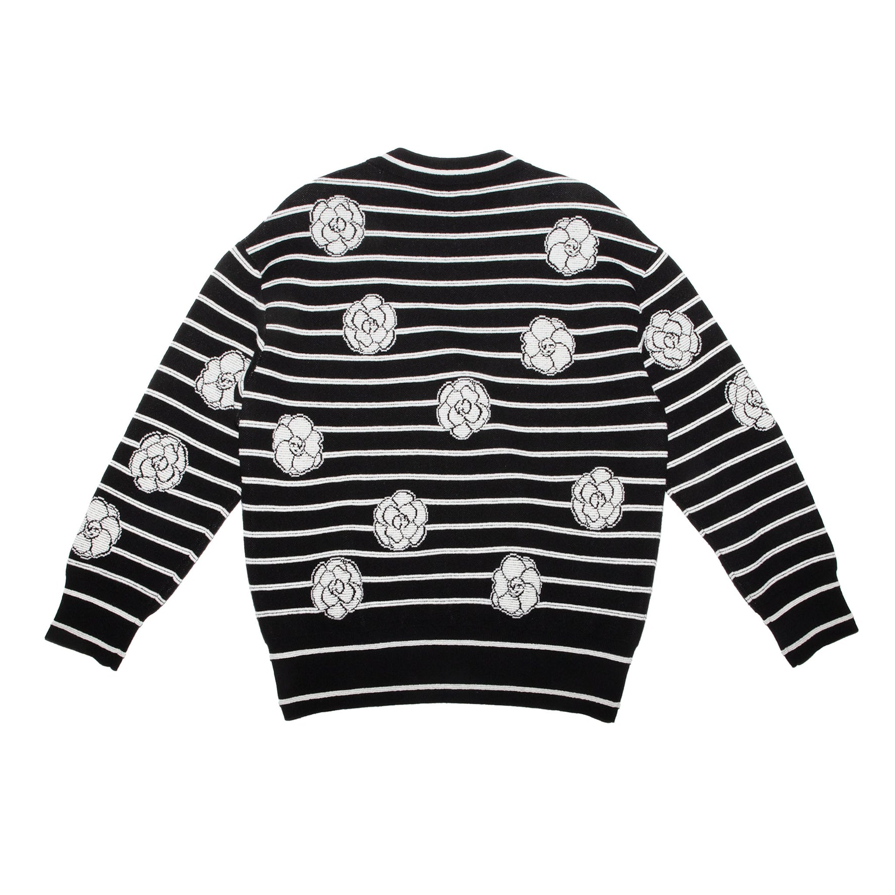 Authentic Chanel Camellia Striped Knit Crewneck Sweater – Black & White, Size 38