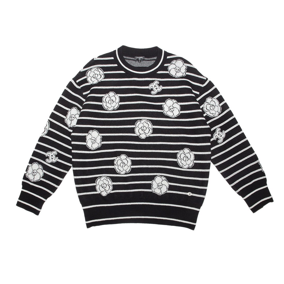 Authentic Chanel Camellia Striped Knit Crewneck Sweater – Black & White, Size 38