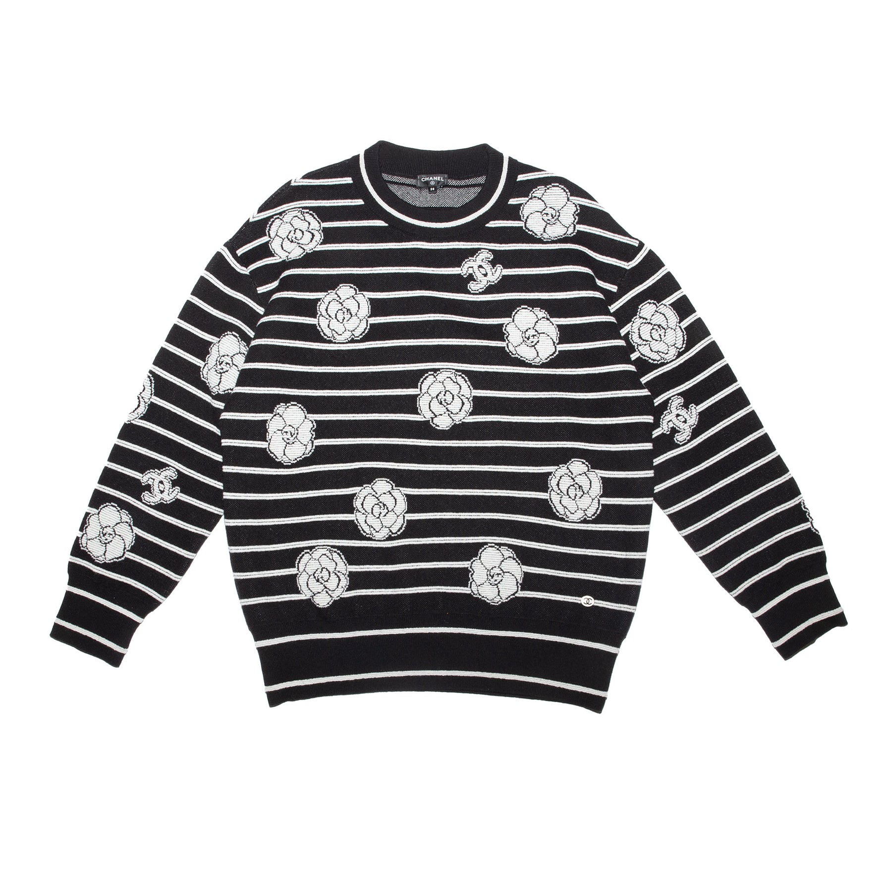 Authentic Chanel Camellia Striped Knit Crewneck Sweater – Black & White, Size 38