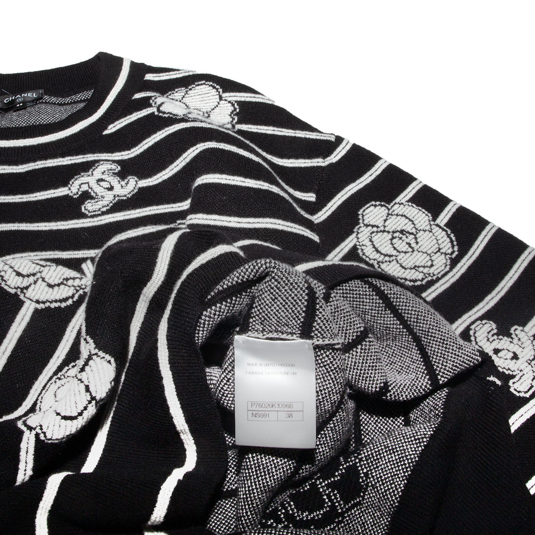 Authentic Chanel Camellia Striped Knit Crewneck Sweater – Black & White, Size 38