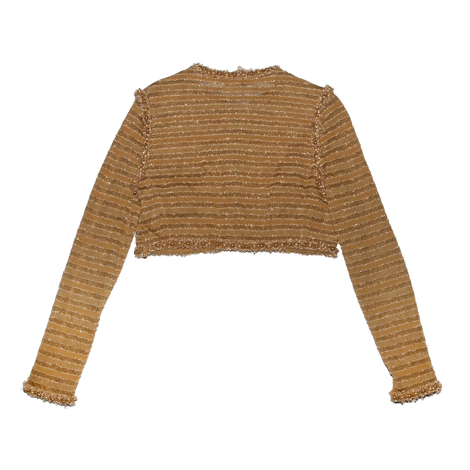Cropped Embellished Cardigan in Gold Beige – Textured Knit with Sequin & Beaded Trim